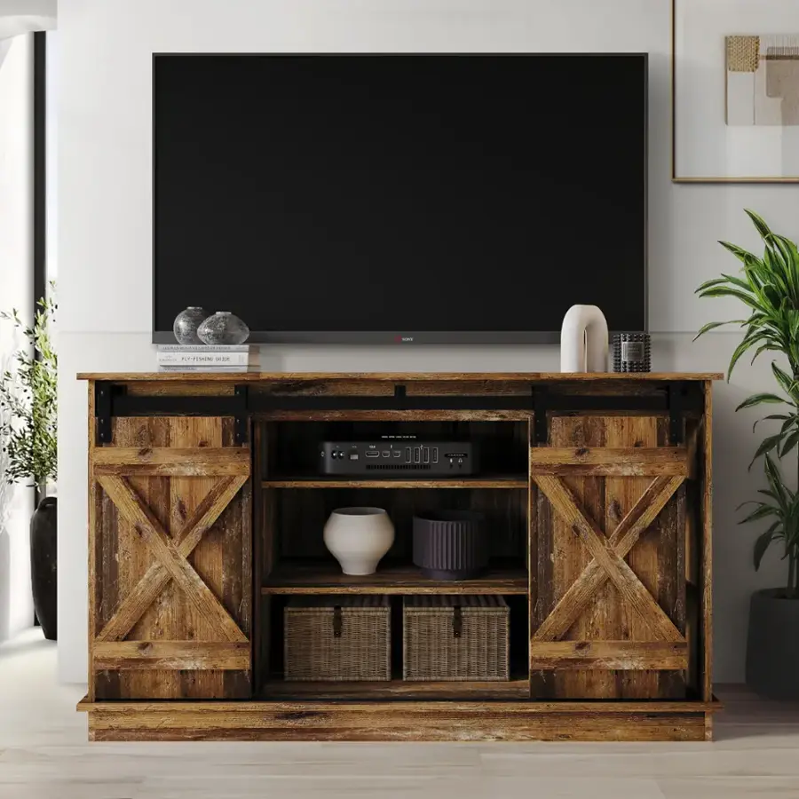 ChaletPosh - Vintage-Inspired TV Stand Console with Sliding Barn Doors - Walnut