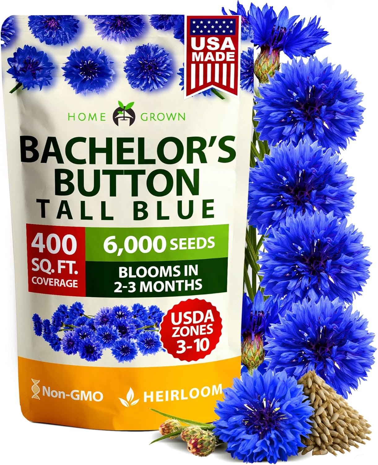 HOME GROWN Bachelor Button Seeds Tall Blue - 6000 Cornflower, Stunning Blue Blooms for Wildflower Gardens, Non-GMO Flowers & Pollinator-Friendly Spaces, Low Maintenance Flower Seeds (Centaurea cyanus)